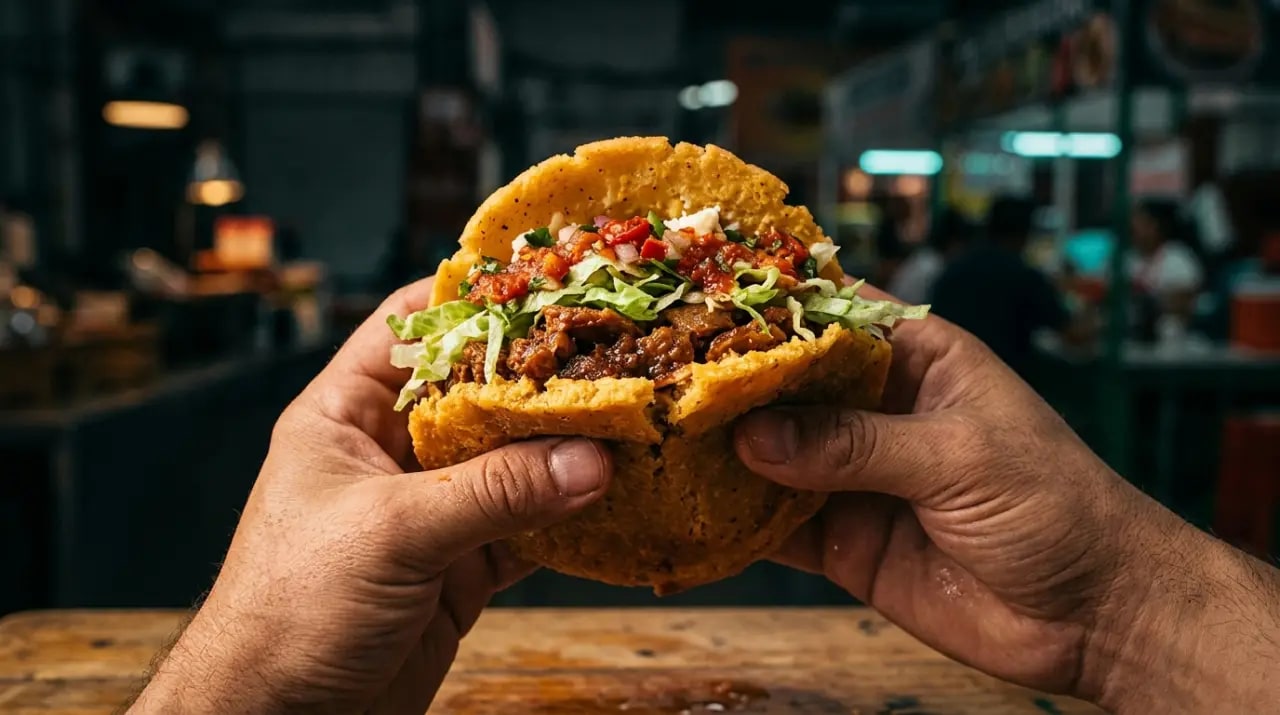 Gorditas de maíz abiertas y rellenas de chicharrón prensado con salsa verde sobre un comal