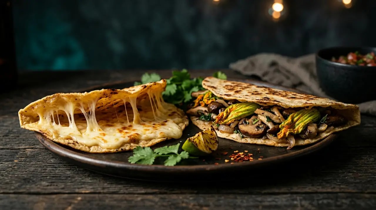 Quesadillas de maíz en el comal, una abierta mostrando queso fundido y otra rellena de guiso sin queso