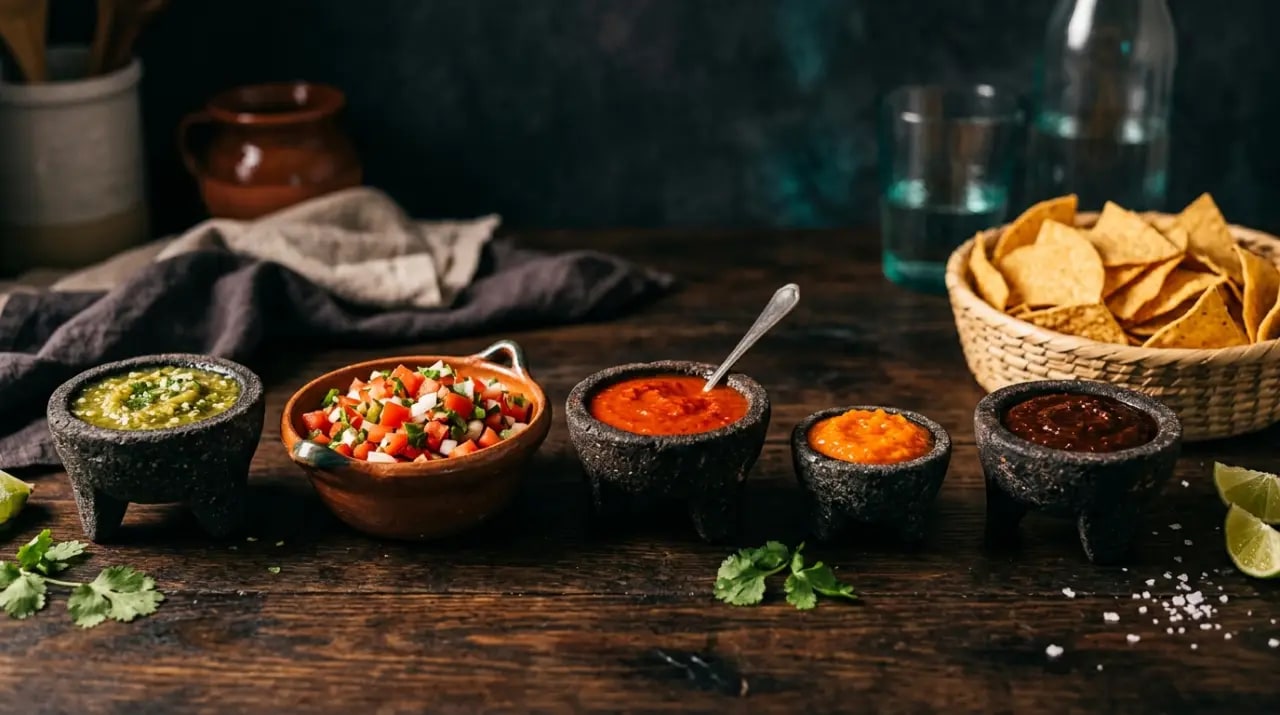 Molcajete de piedra volcánica con salsa roja rodeado de salsa verde, pico de gallo y chiles frescos
