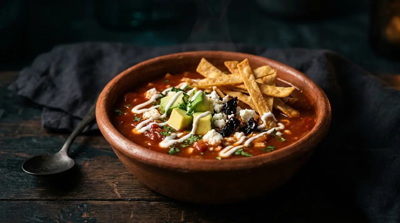 Cuenco de barro con sopa de tortilla: caldo rojo de tomate con tiras de tortilla frita, aguacate, crema, queso y chile pasilla
