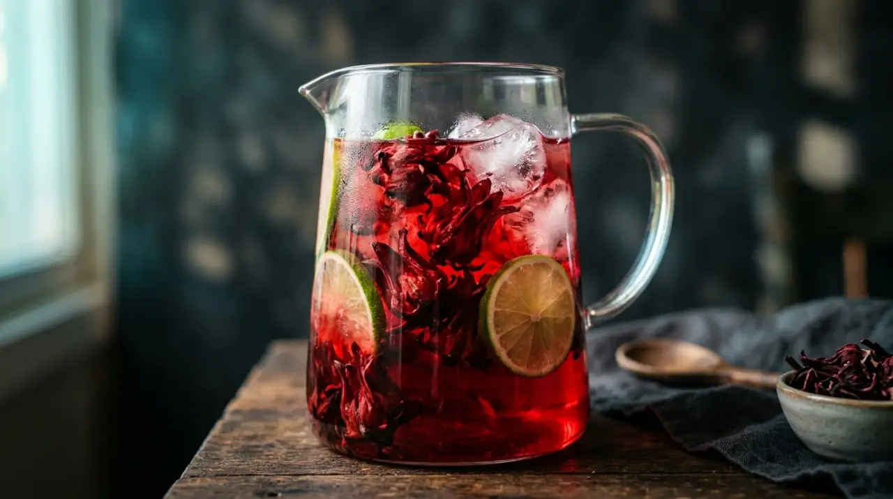 Flores de jamaica tiñendo de rojo rubí el agua de una jarra con hielo