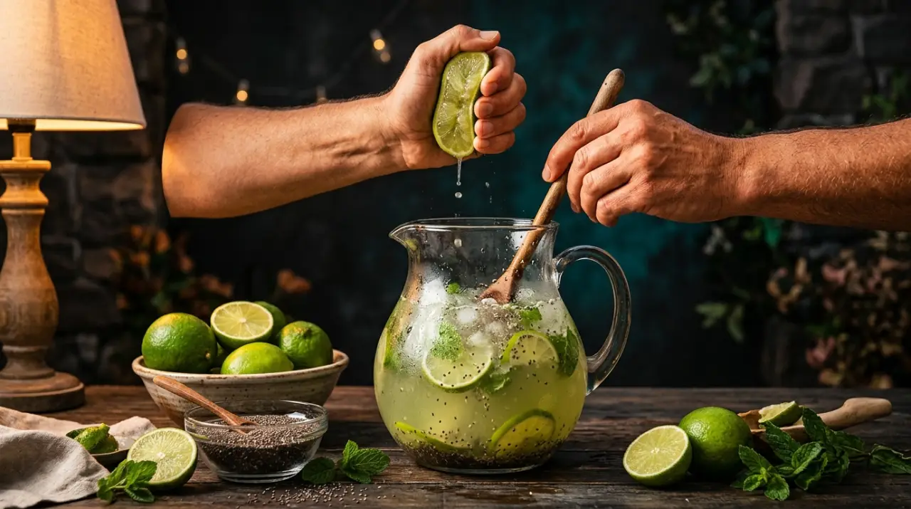 Manos exprimiendo limones y removiendo una jarra de agua fresca con chía