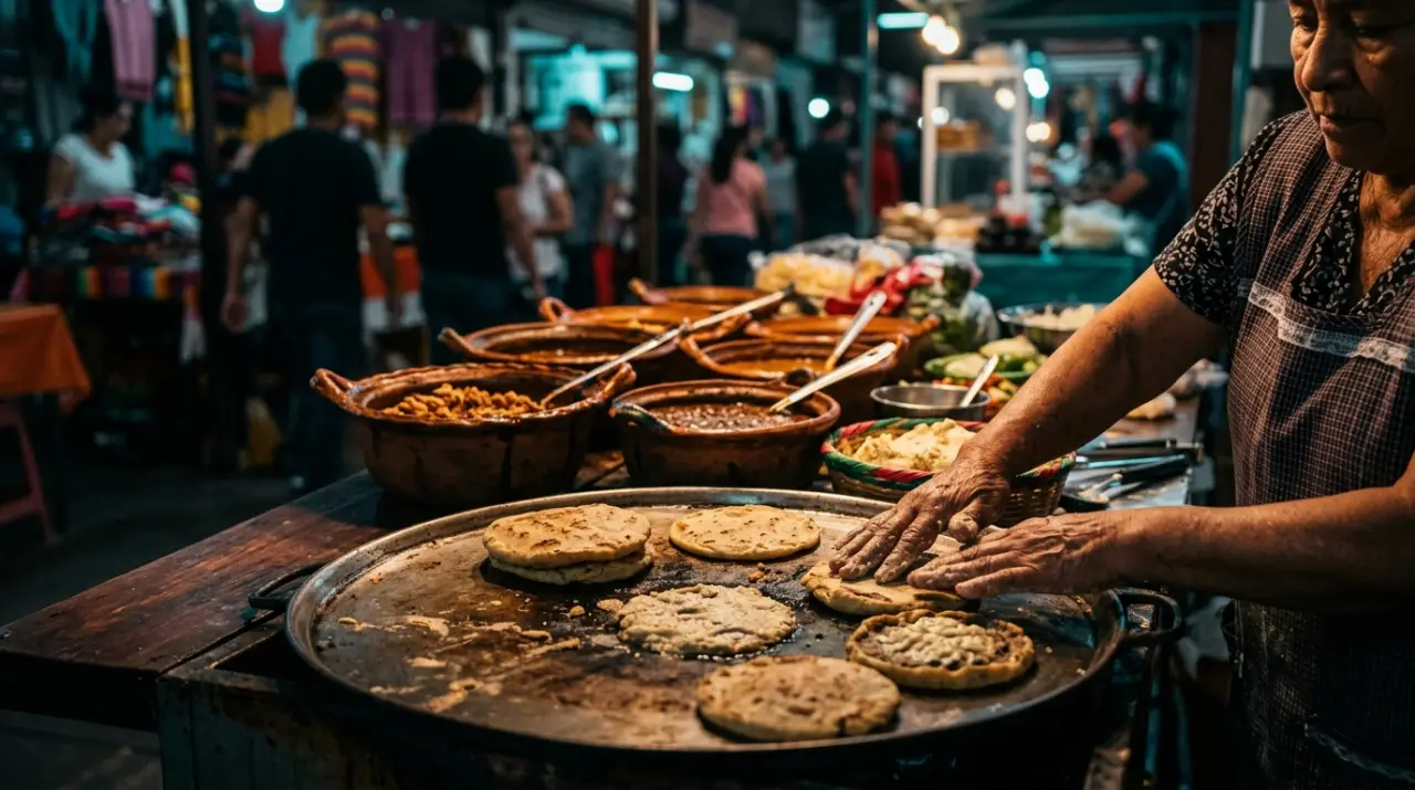 Manos formando gorditas y sopes sobre un comal en un mercado mexicano