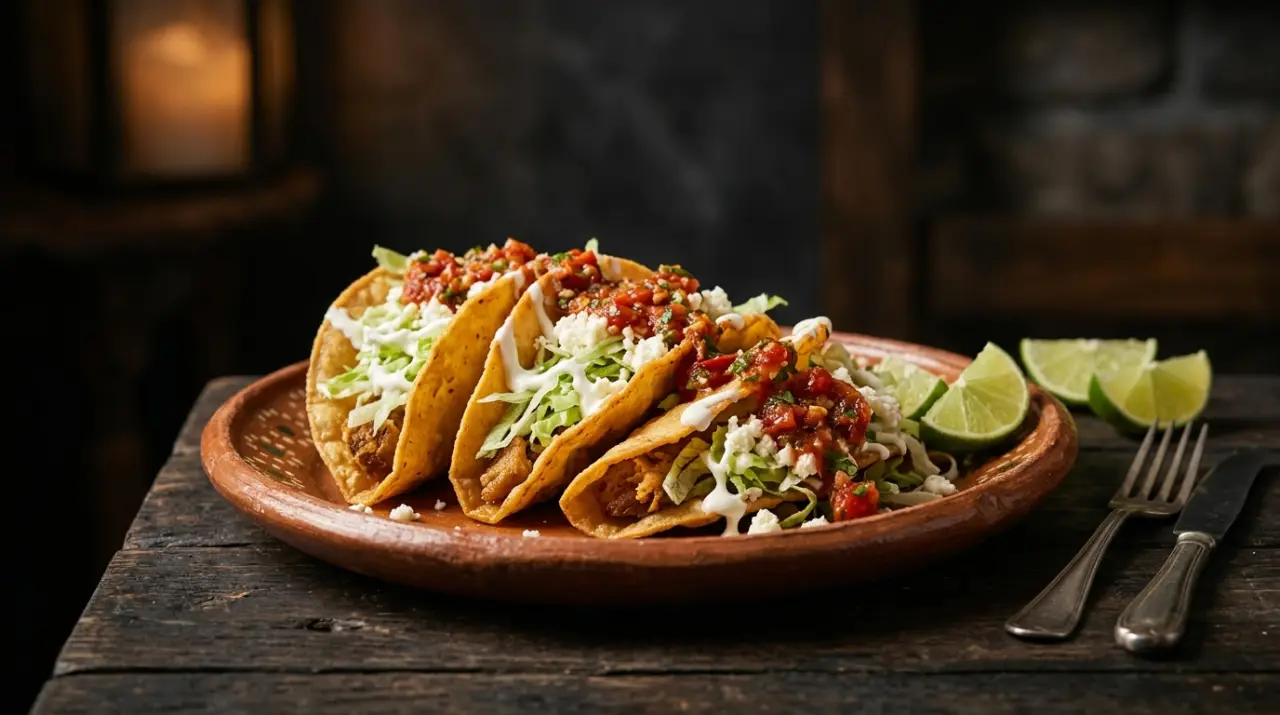 Tacos dorados crujientes con lechuga, crema, queso fresco y salsa roja