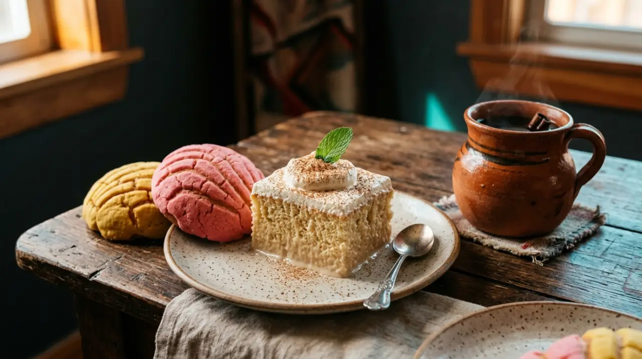 Rebanada de pastel tres leches, conchas de colores y café de olla en taza de barro