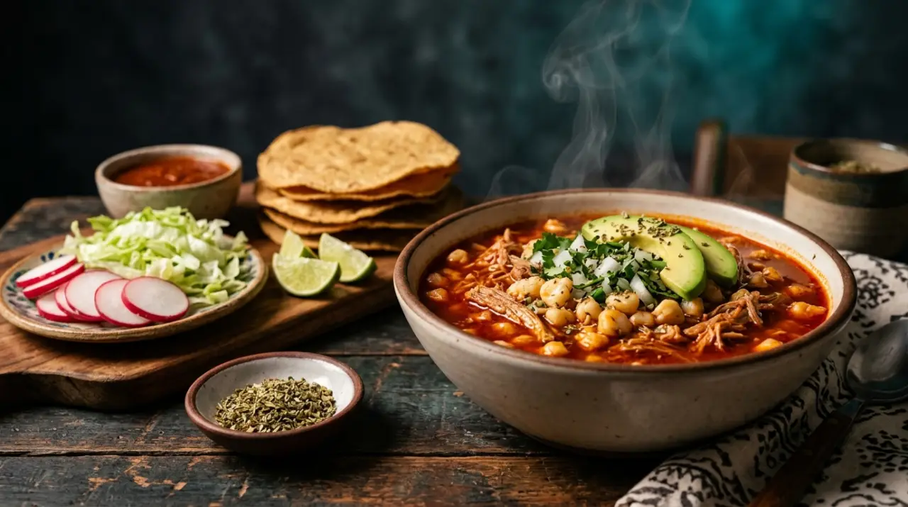 Pozole rojo humeante con rábano, lechuga, orégano, limón y tostadas