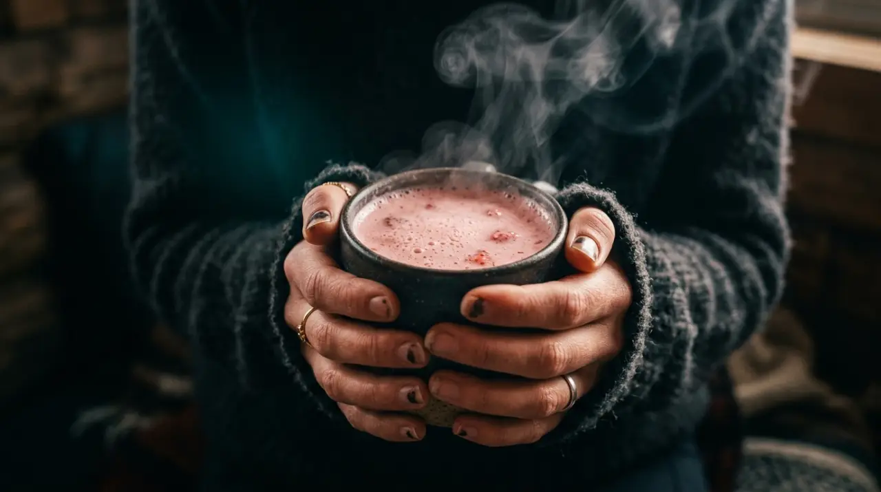 Manos abrazando un vaso de atole de fresa caliente con vapor en el aire frío