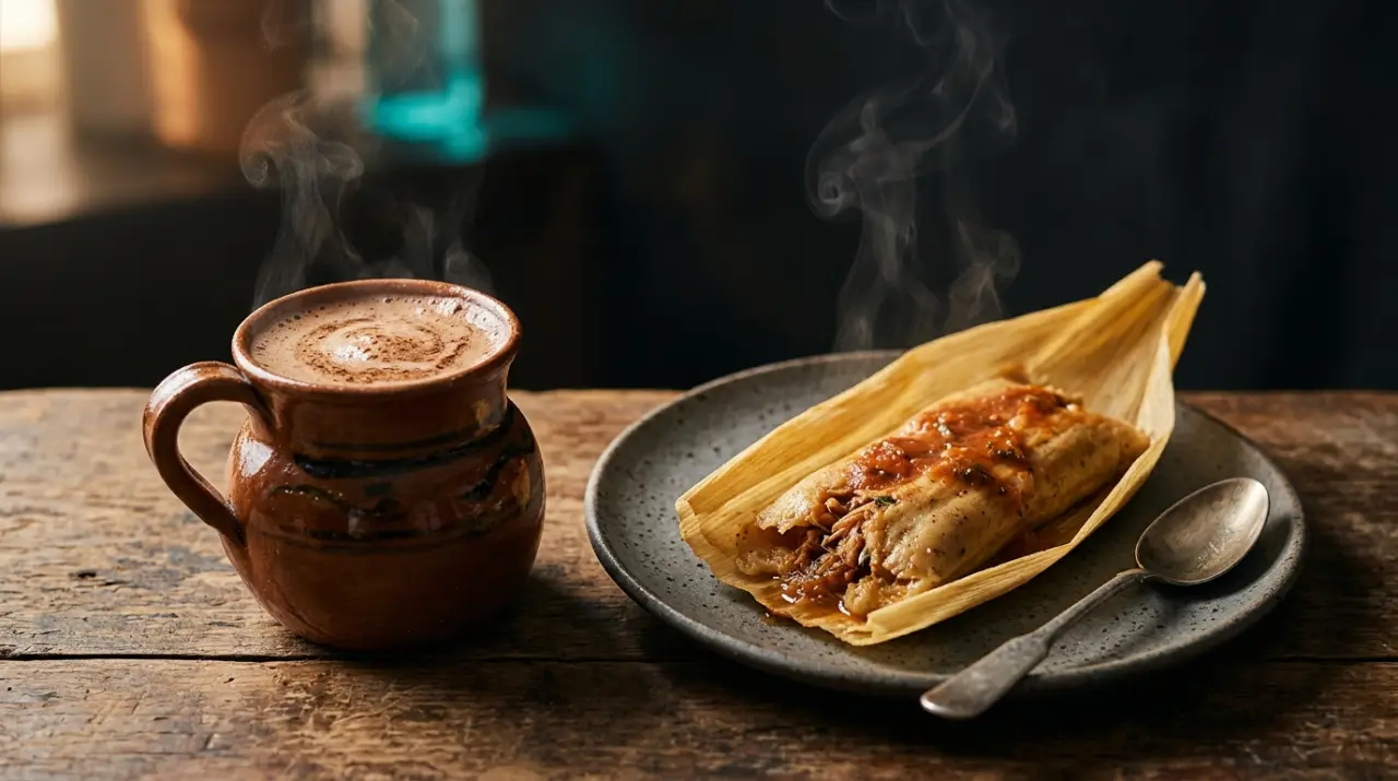 Champurrado en taza de barro junto a un tamal humeante