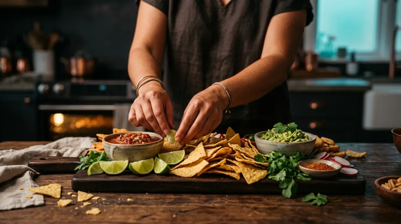 Manos de anfitrión montando tabla de botana con limones, salsas y totopos