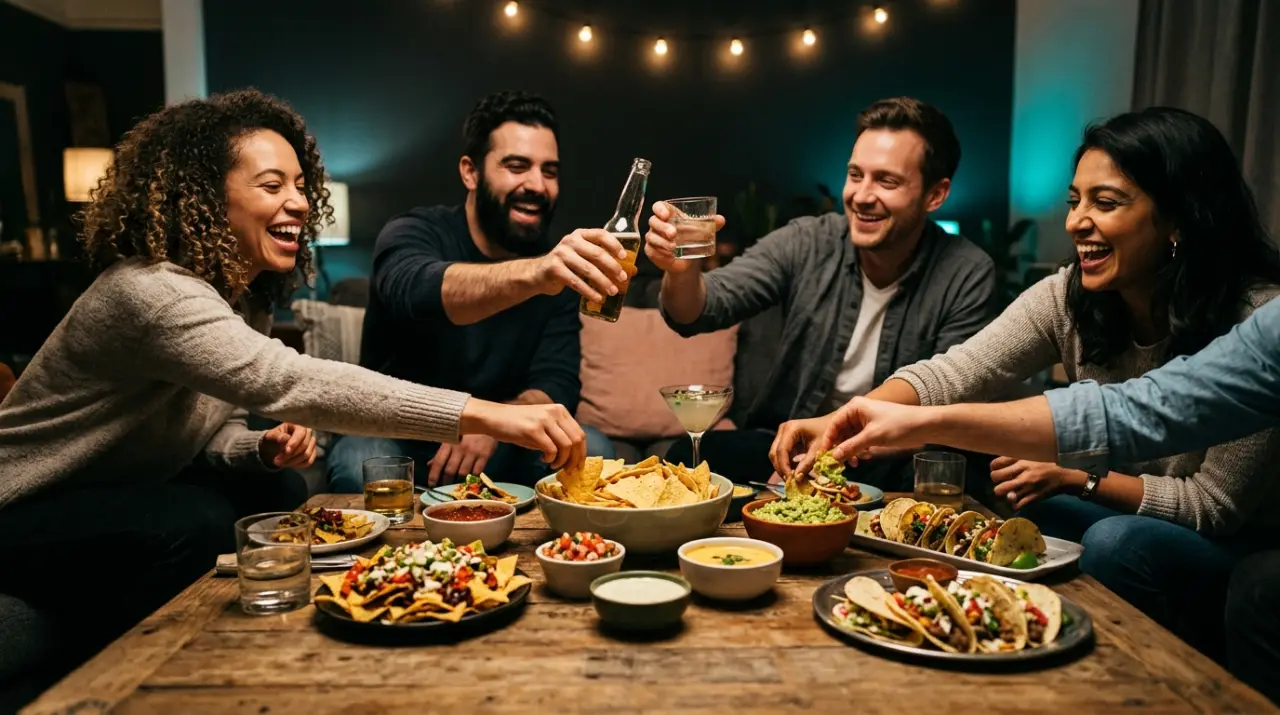 Amigos alcanzando botanas mexicanas en una fiesta casera con luces cálidas