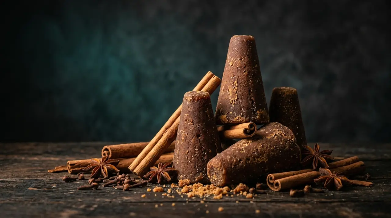 Conos de piloncillo con canela y clavo sobre madera oscura