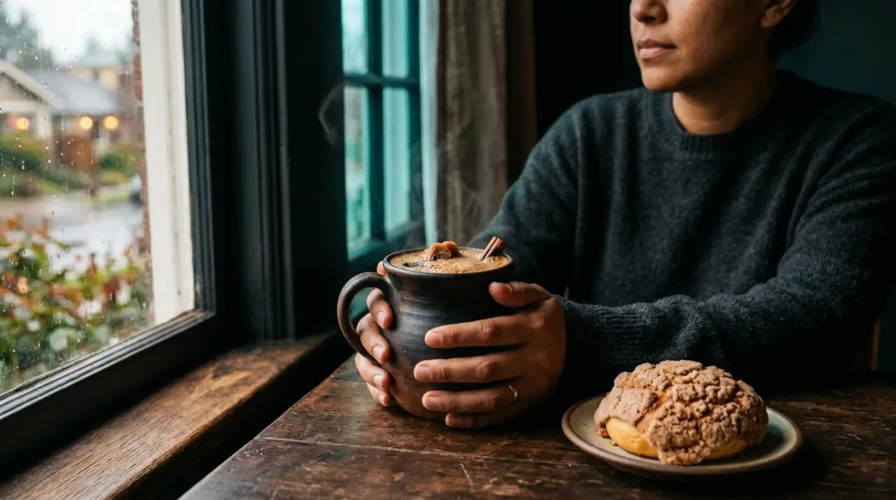 Manos sosteniendo una taza de barro humeante de café de olla junto a la ventana