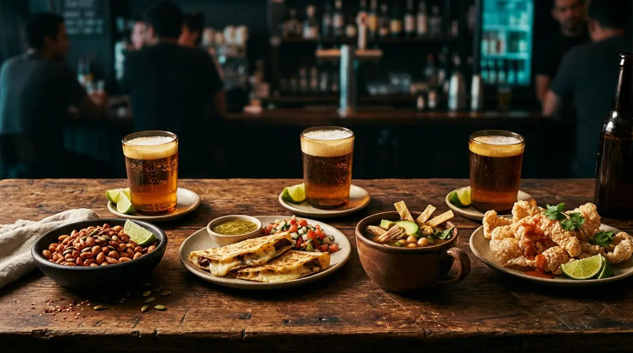 Botanas de cantina: cacahuates con chile, quesadillas y caldo alrededor de cervezas