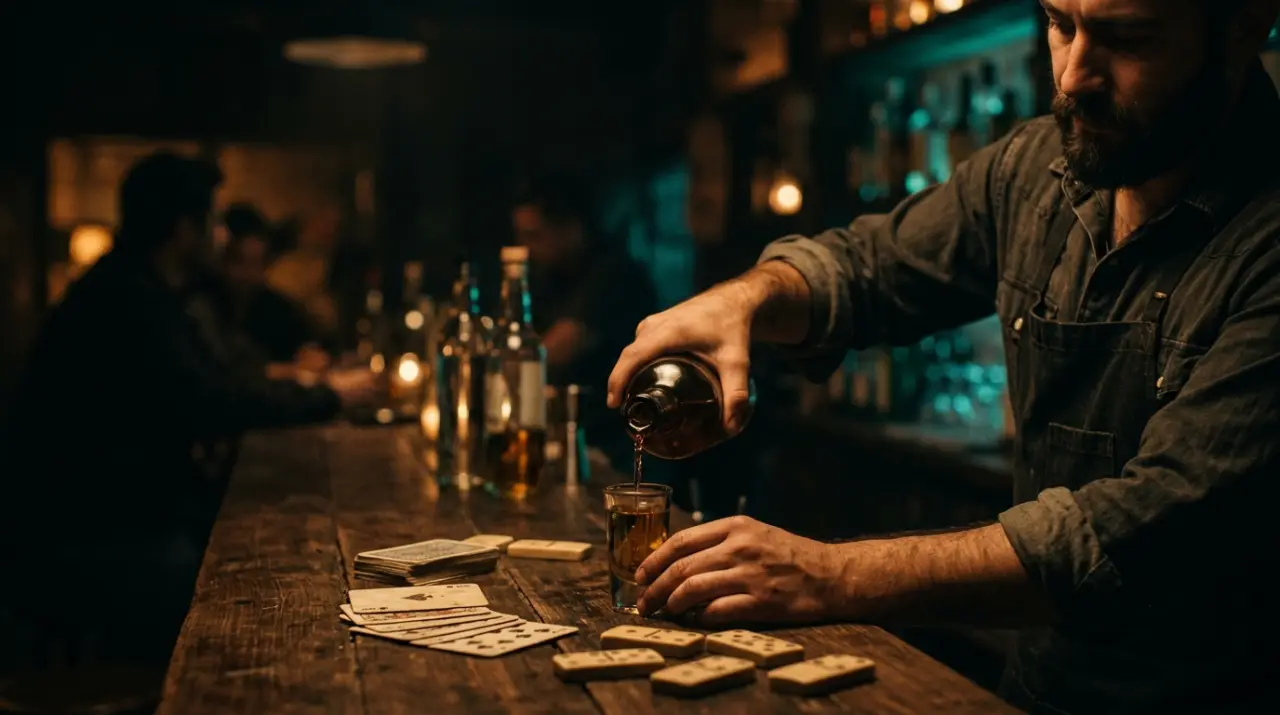 Cantinero sirviendo mezcal en un caballito junto a fichas de dominó