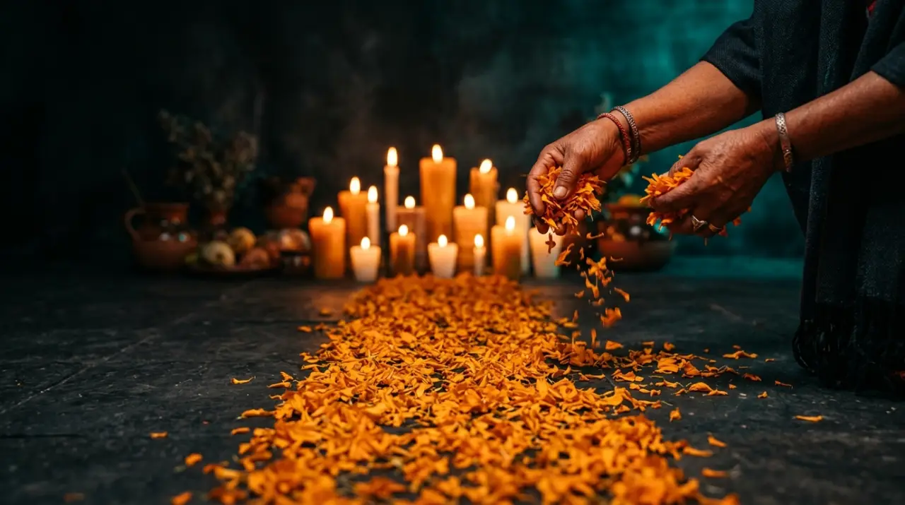 Pétalos de cempasúchil formando un camino hacia velas encendidas
