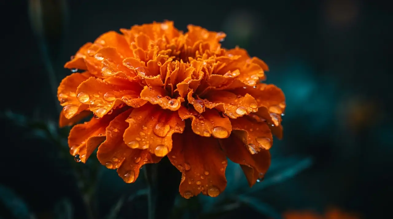 Macro de flor de cempasúchil con pétalos naranjas en capas y rocío