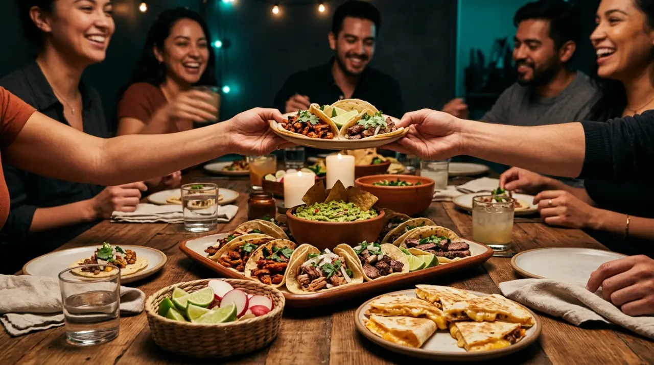 Bandejas de tacos y guacamole compartidas al centro de una mesa de trabajo festiva