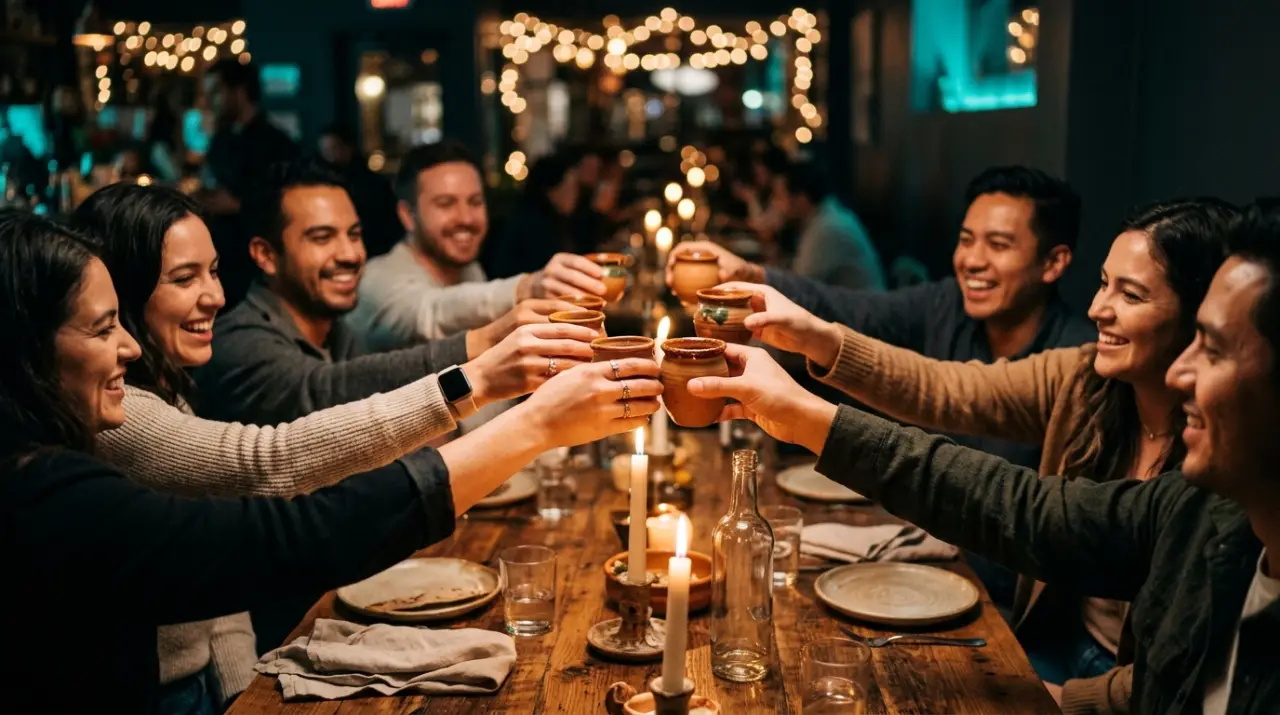 Brindis de grupo con copitas de mezcal en mesa iluminada con velas