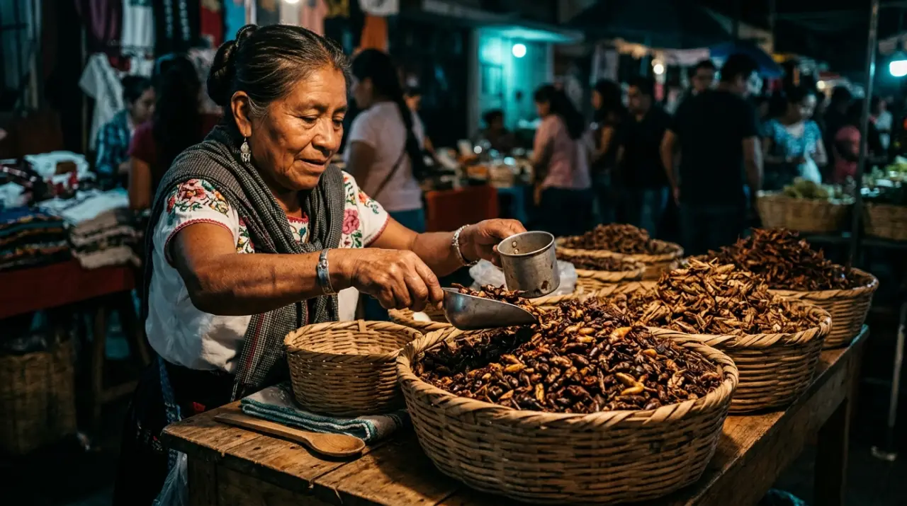 Puesto de mercado oaxaqueño con canastas de chapulines tostados