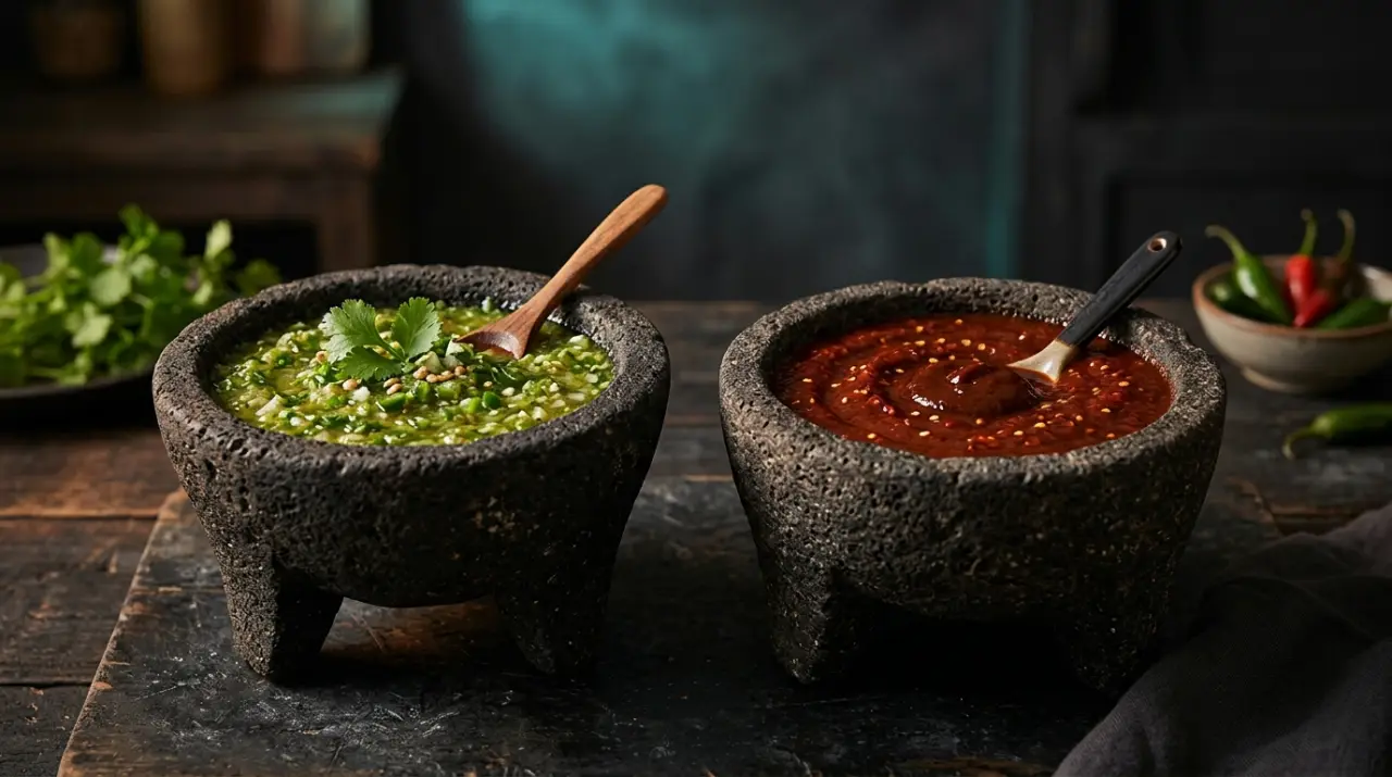 Dos molcajetes con salsa verde de tomatillo y salsa roja de chiles secos