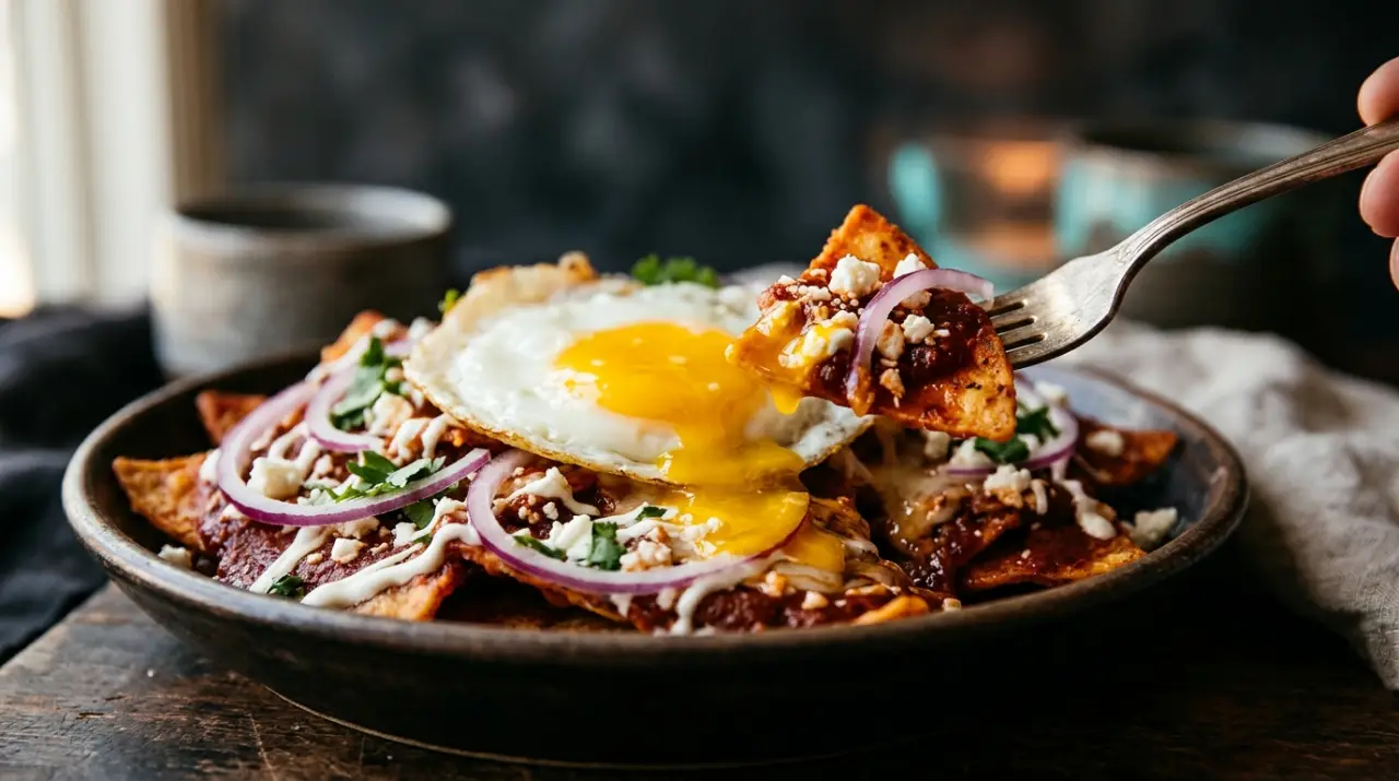 Chilaquiles rojos coronados con huevo frito, crema y queso fresco en primer plano