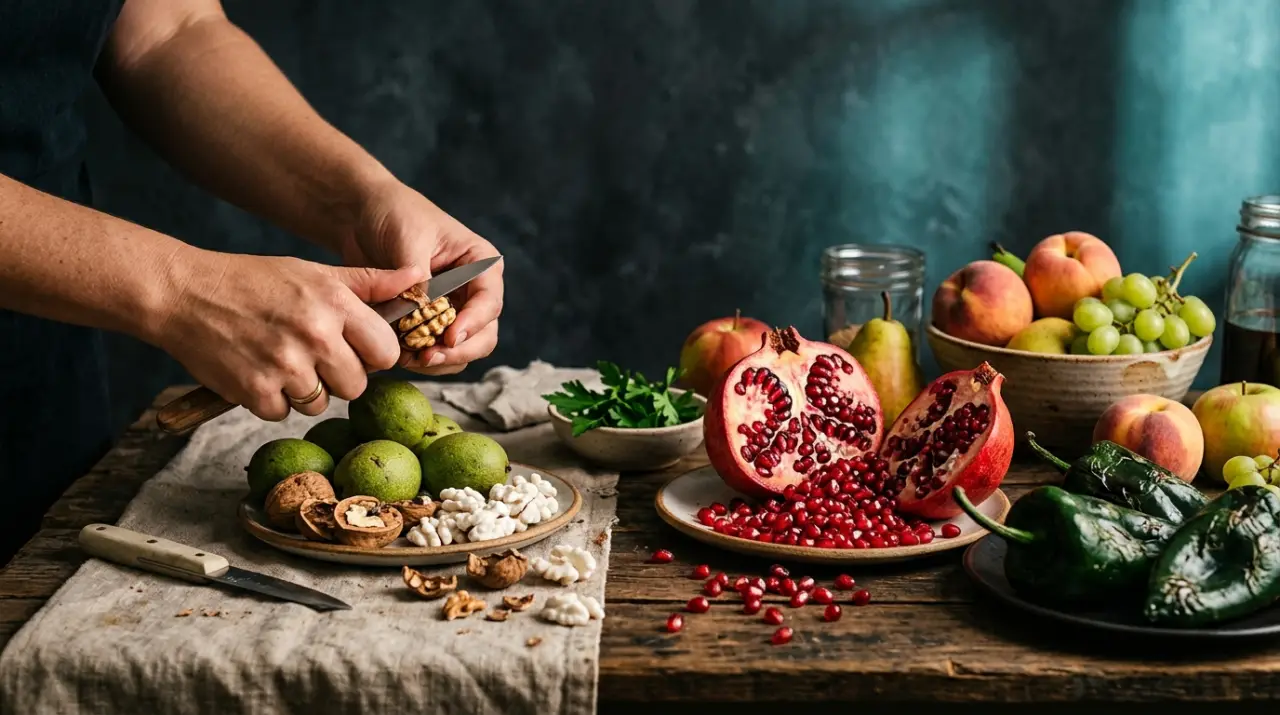 Nueces de Castilla peladas, granada abierta y chiles poblanos de temporada