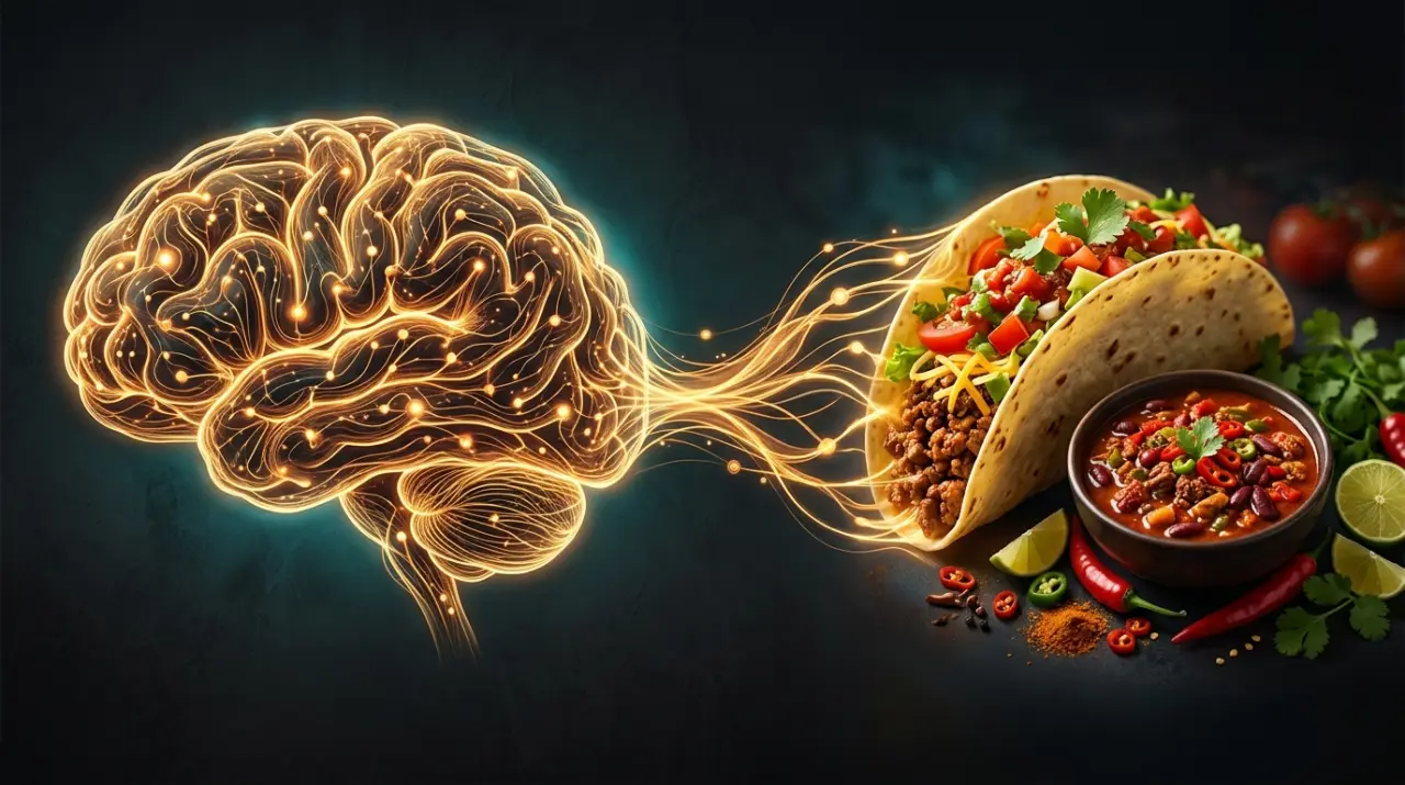 Ilustración de conexiones neuronales cálidas formando siluetas de tacos y chiles