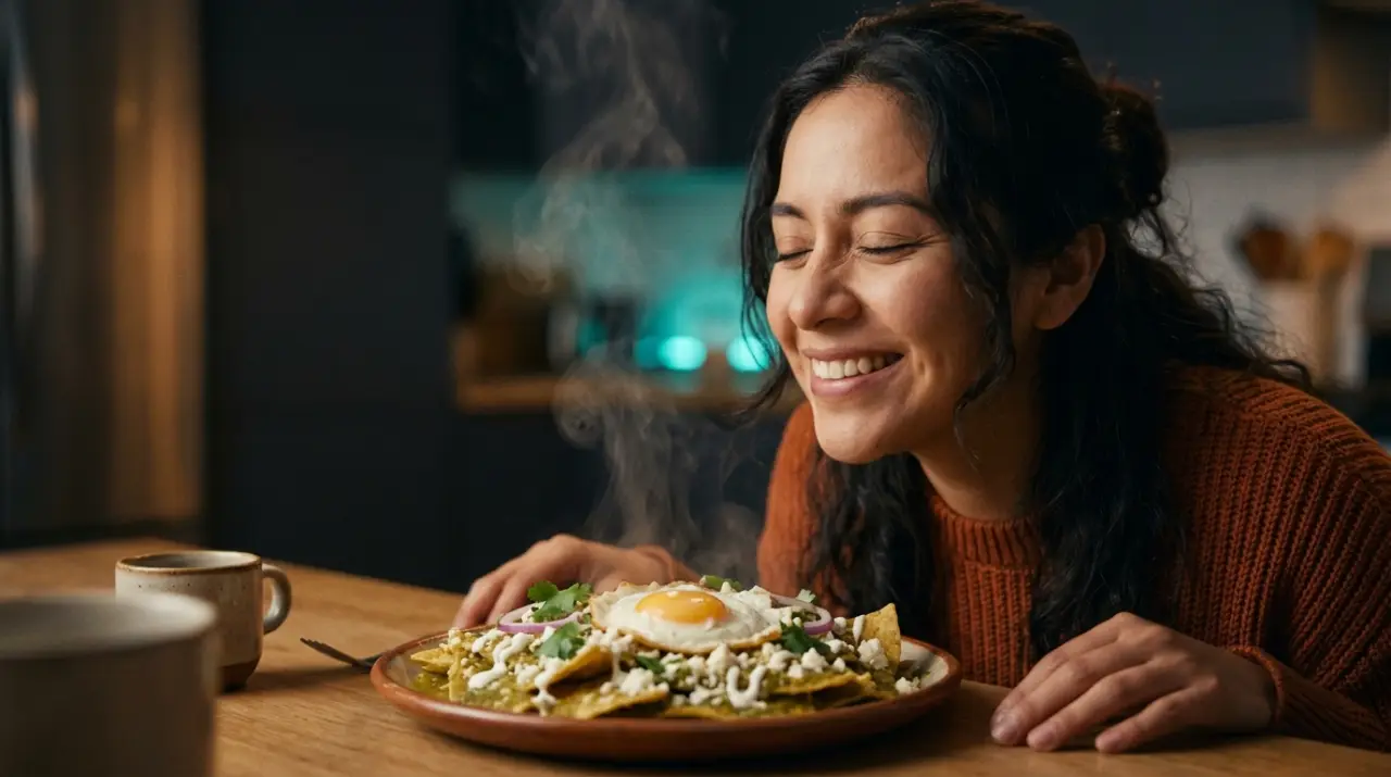 Persona oliendo con los ojos cerrados el vapor de un plato de chilaquiles