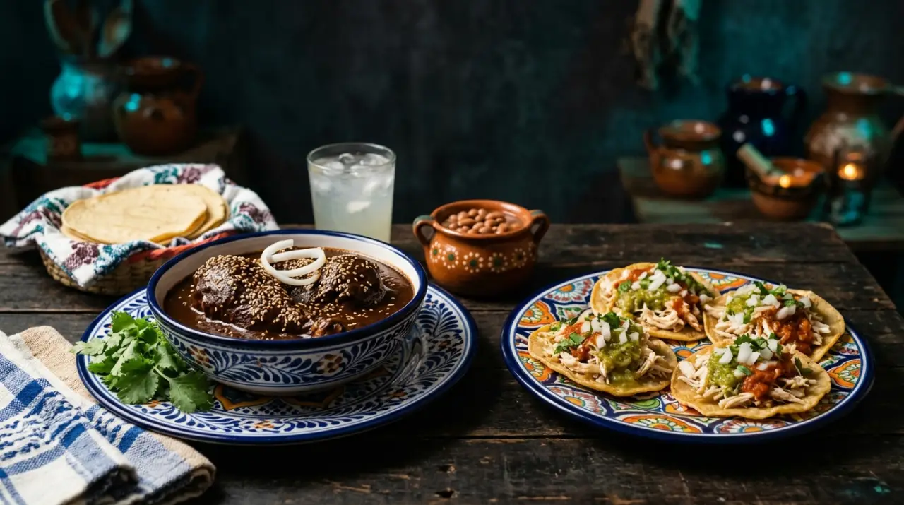 Mole poblano y chalupas sobre cerámica de talavera, cocina de Puebla