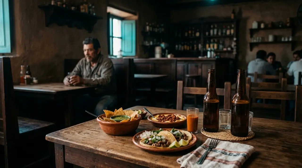 Interior sobrio de una cantina mexicana auténtica con cerveza y botanas