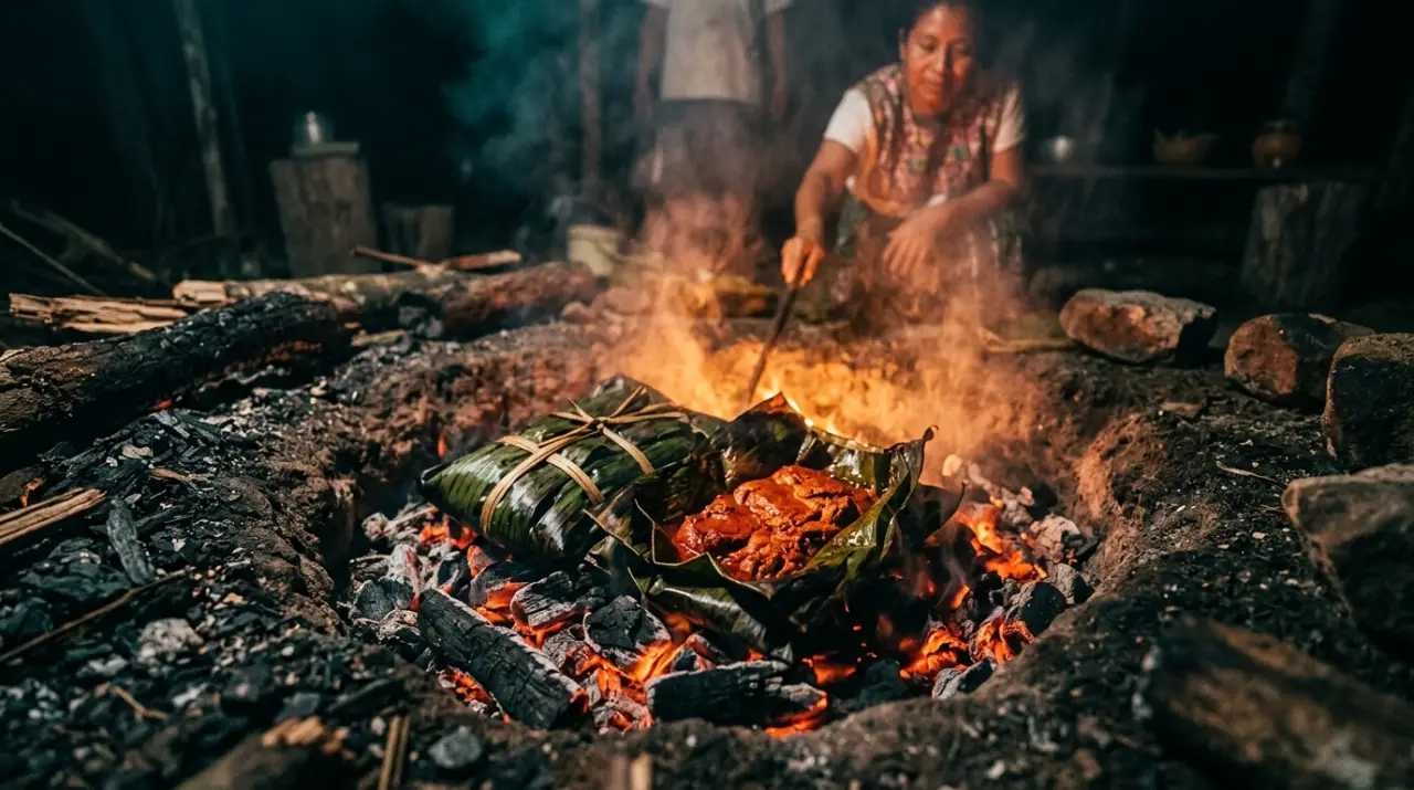Cerdo marinado en achiote envuelto en hojas de plátano cocinándose en horno de tierra pib