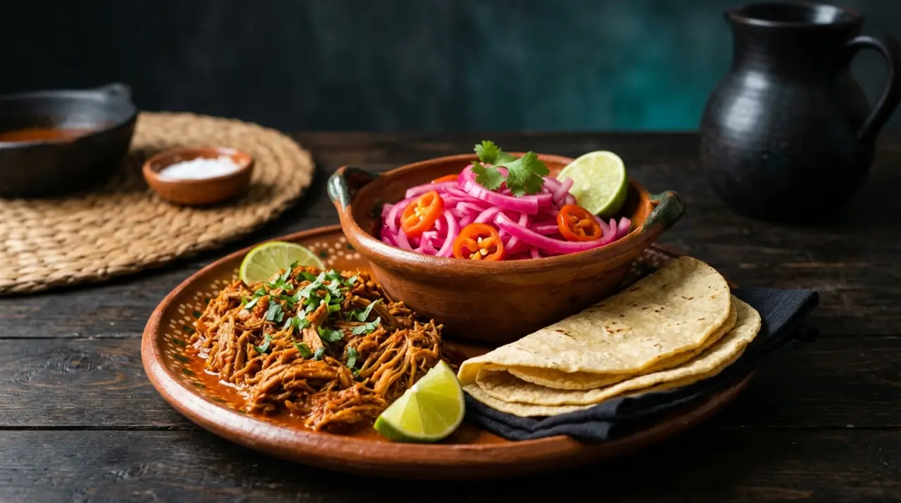 Cebolla morada encurtida con habanero junto a cochinita pibil deshebrada y tortillas
