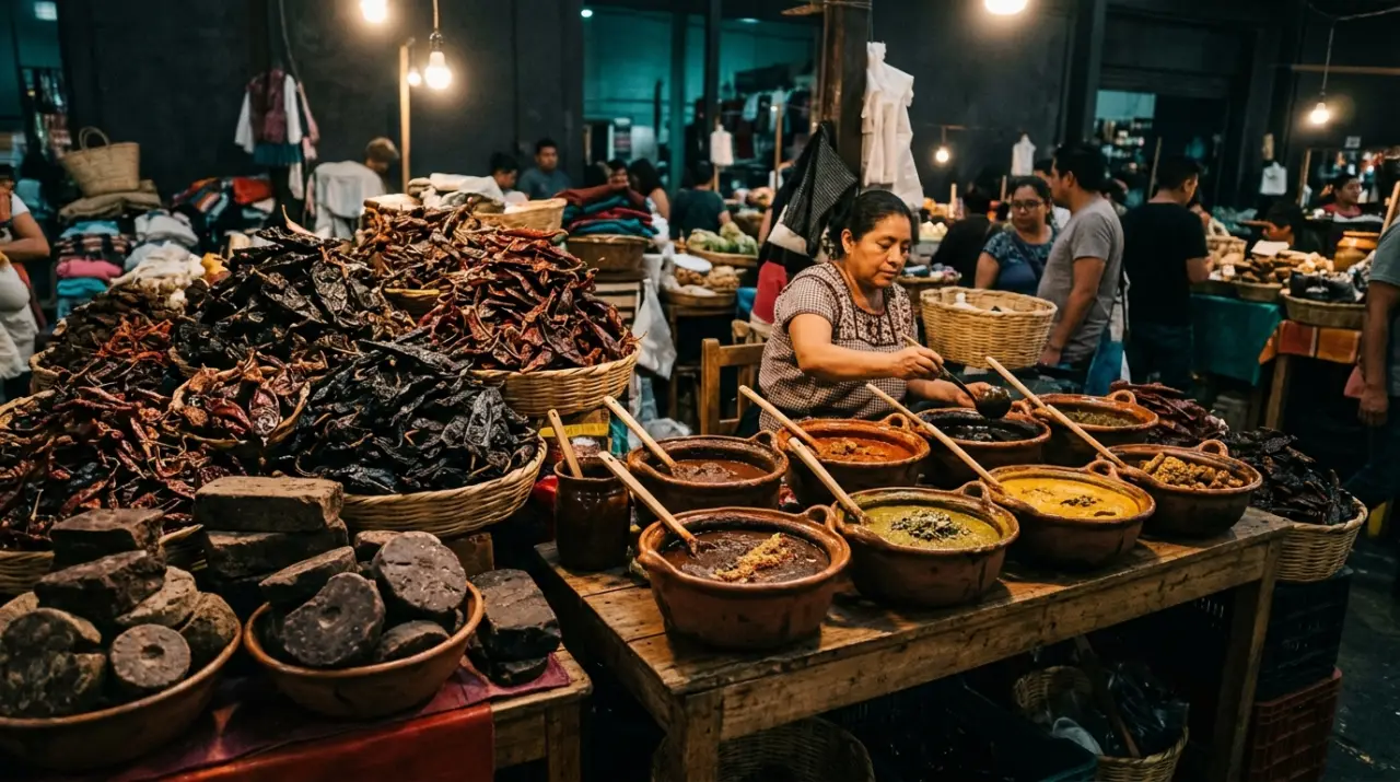 Mercado de Oaxaca con montones de chiles secos, chocolate y moles en cazuelas