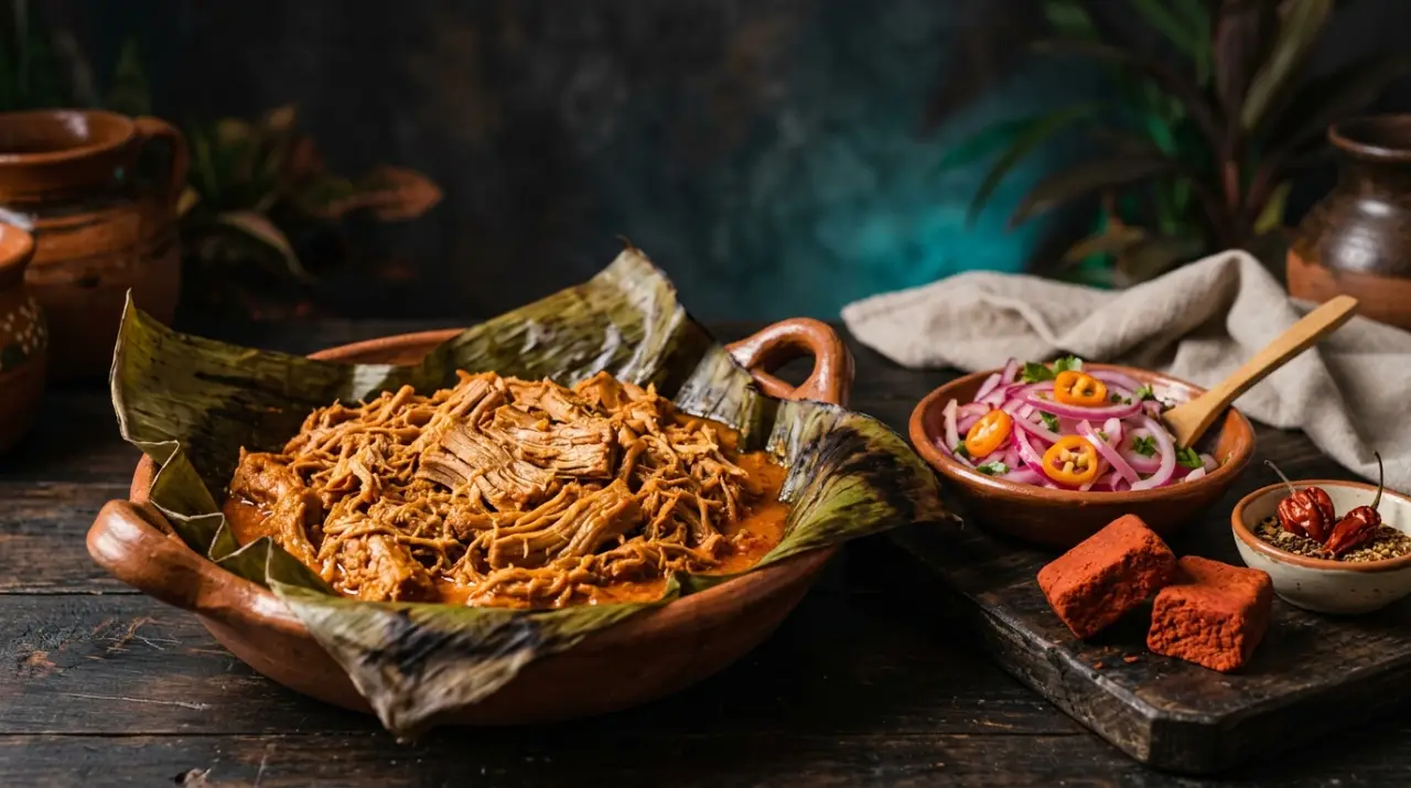 Cochinita pibil en hoja de plátano con habanero y cebolla morada al estilo Yucatán