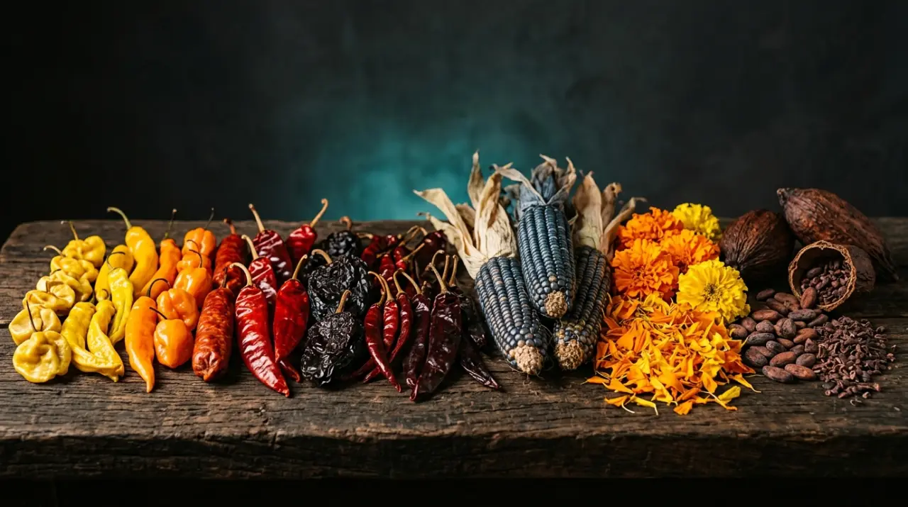 Biblioteca de pigmentos naturales: chiles secos, maíz azul, cempasúchil y cacao