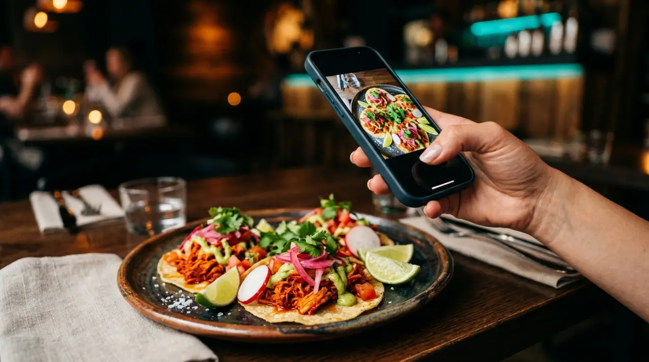 Plato mexicano colorido siendo fotografiado con un móvil