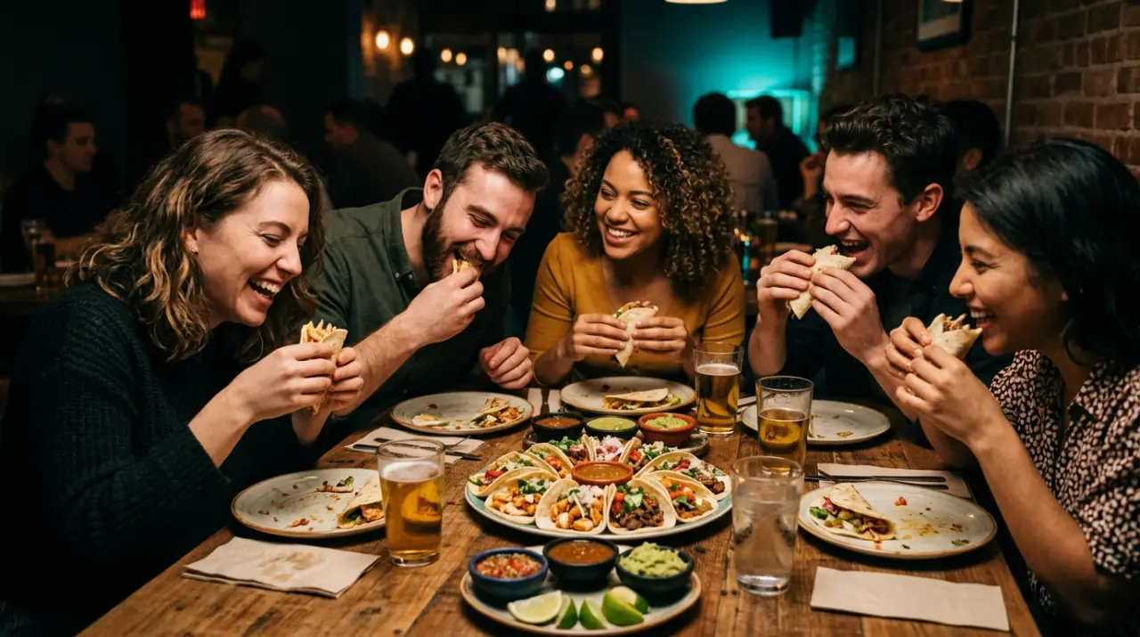 Mesa de amigos comiendo tacos con las manos entre risas