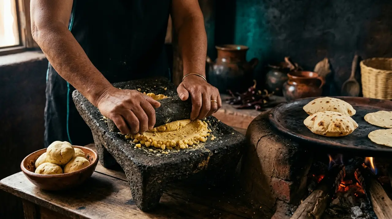 Manos moliendo maíz nixtamalizado en metate y tortillas hechas a mano en el comal