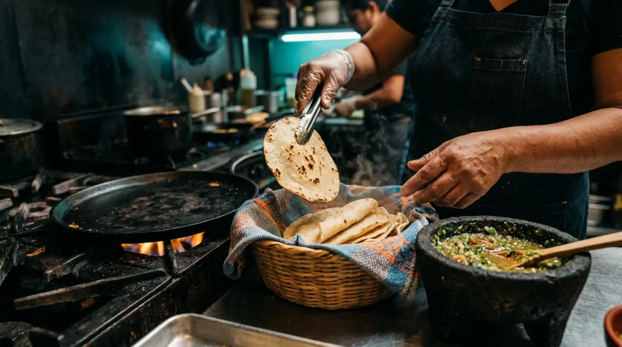Tortillas de maíz recién hechas saliendo del comal junto a un molcajete con salsa