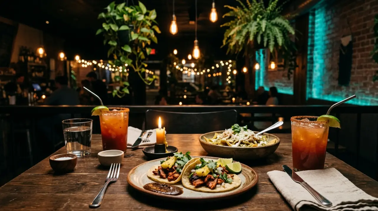 Mesa con tacos al pastor, chilaquiles verdes y micheladas en un restaurante cálido
