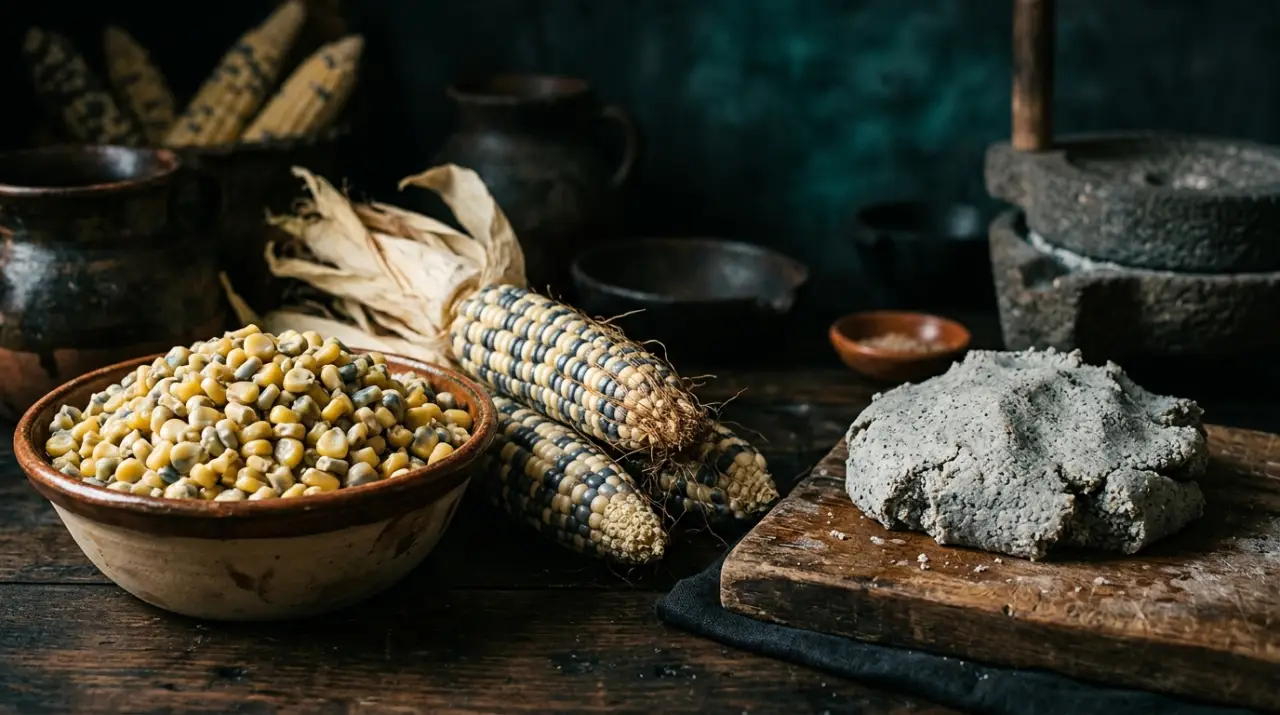 Granos de maíz nixtamalizado, mazorcas y masa fresca, la base sin gluten de la cocina mexicana