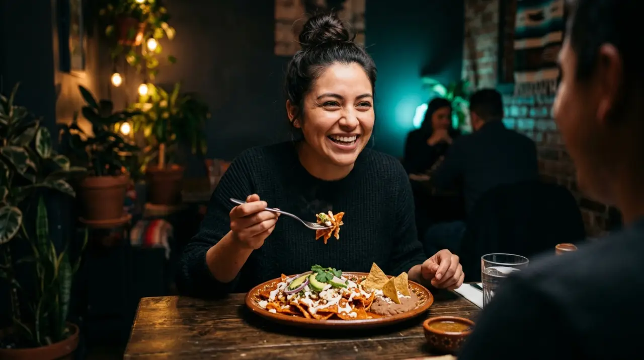 Comensal disfrutando chilaquiles en una mesa de restaurante acogedor