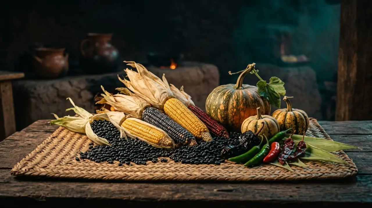 La milpa: maíz, frijol negro y calabaza con chiles sobre un petate