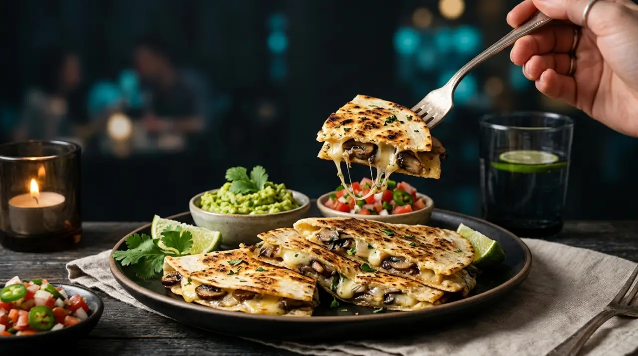 Quesadillas de queso y champiñones con guacamole y pico de gallo