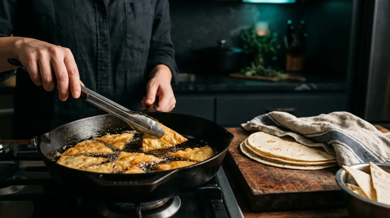 Triángulos de tortilla friéndose dorados en una sartén casera