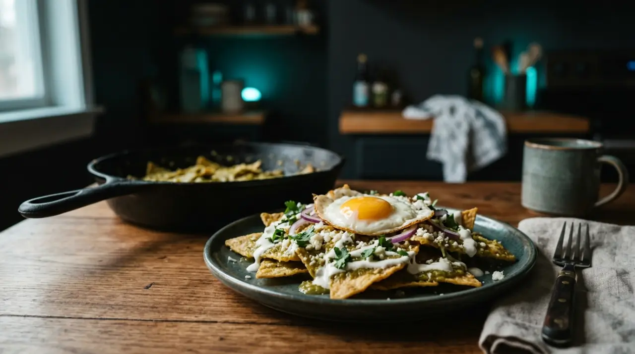 Plato de chilaquiles caseros terminados con salsa verde, crema y huevo frito