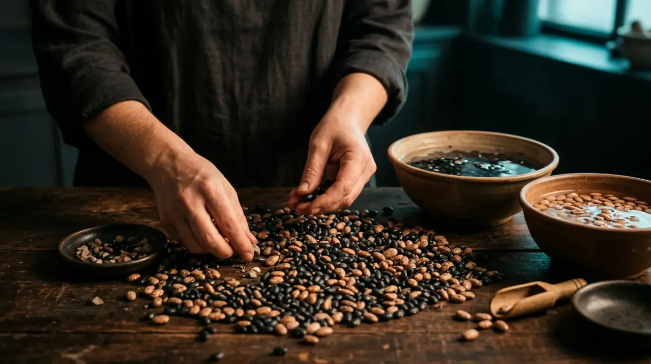 Manos limpiando frijoles secos sobre la mesa quitando piedritas