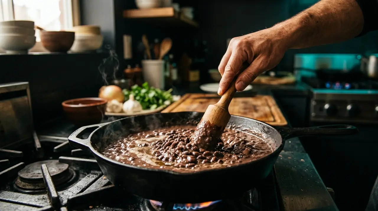 Frijoles machacándose en sartén convirtiéndose en refritos brillantes