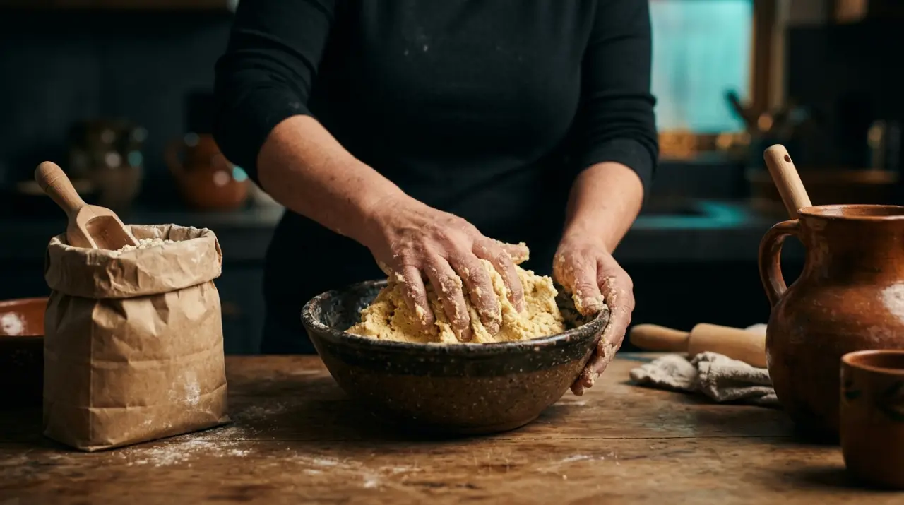 Manos amasando masa de maíz nixtamalizado en un bol de cocina