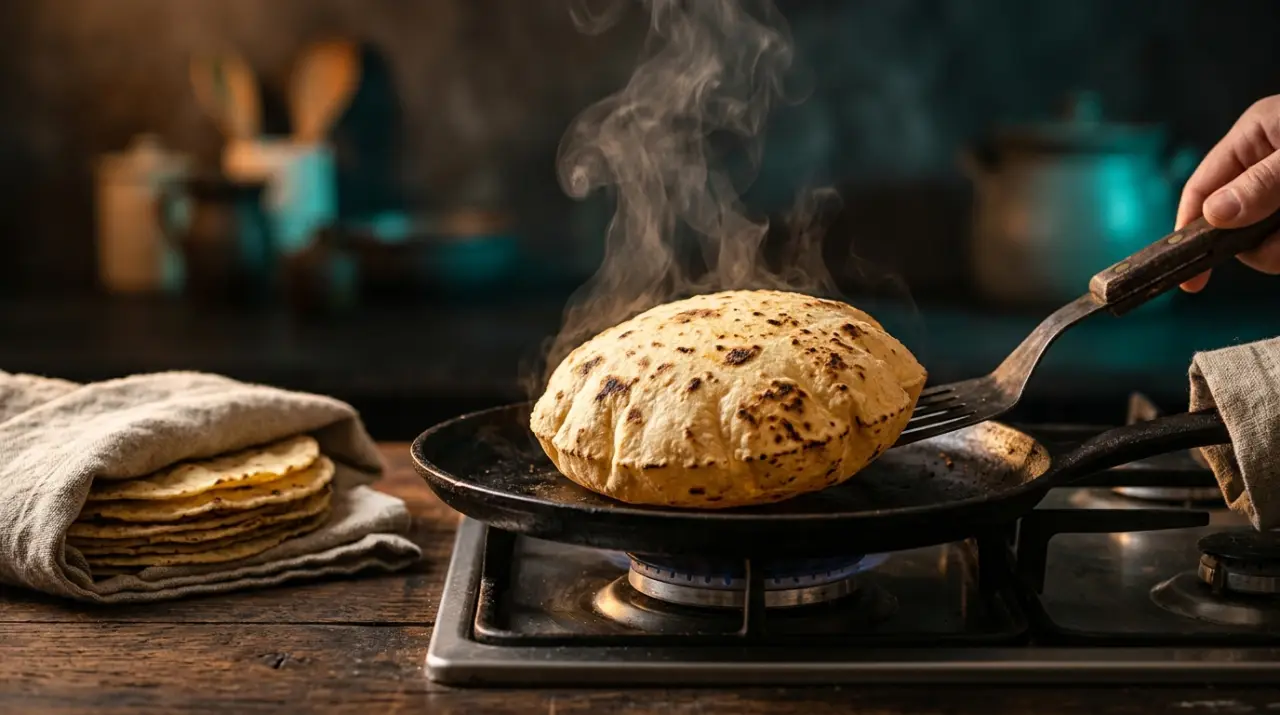 Tortilla casera inflándose al vapor sobre la sartén caliente